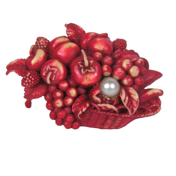 Obidome for Japanese Kimono 2.3 in Wooden Flower Floral Fruit Basket Carved Red